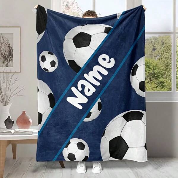 A Customizable-Name, Plush Blanket With A Blue Base Featuring A Football Design Pattern. Modern And Minimalist Print, Allows For Customization With Your Name – A Comfortable And Soft Bed Blanket Suitable For Various Seasons And Occasions – Ideal For Home Use, Picnics, Travel, And Special Events – Machine Washable, With A Contemporary And Versatile Design Style.
