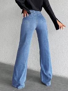 Jeans azul lavado de unicolor de talle alto, jeans con bolsillos diagonales sueltos con cremallera y botón para abrir y cerrar, jeans y ropa de mujer - Lavado ligero - Ver 5