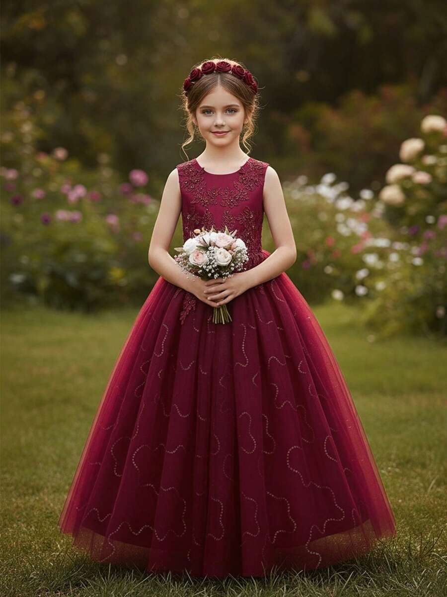 Flower Girls Tulle Lace Princess Pageant Festival Bridesmaid Carnival Floor Long Prom Dance Formal Evening Maxi Dresses - Màu Đỏ Sâu - Xem 1