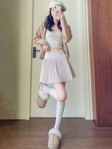 [Pleated Skirt | Spring] School-Style Wool Pleated Skirt, Uniform Skirt, Spring/Autumn Outfit, Women's Elegant High-Waisted Skirt, Sexy And Leg-Lengthening Mini Skirt, Autumn/Winter Casual Mini Skirt, Coordinates With Christmas/Winter Clothes, Heat-Generating Stockings, Perfect For Daily Work Or Dates - Apricot - View 4