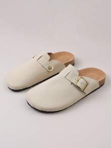 1 Pair Teenage Metal Buckle Decor Faux Suede Material Comfortable Slip-On Round Toe Low Heel Thick Soft Bottom Casual Slide Sandals, Suitable For Daily Wear