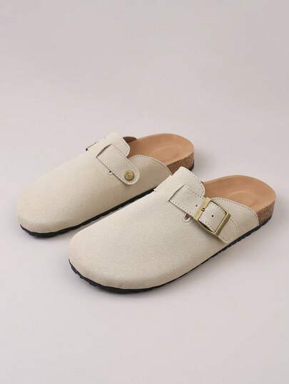 1 Pair Teenage Metal Buckle Decor Faux Suede Material Comfortable Slip-On Round Toe Low Heel Thick Soft Bottom Casual Slide Sandals, Suitable For Daily Wear