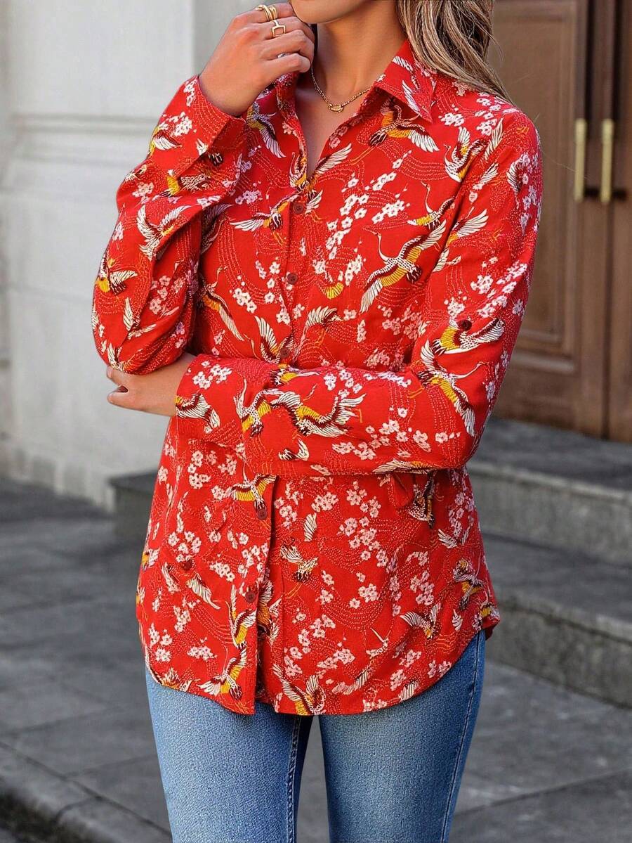 TAD Camisa vintage para mujer estilo japonés tela suave estampado aves y flores bordados corte regular cuello camisero manga larga otoño uso diario - Rojo - Ver 1