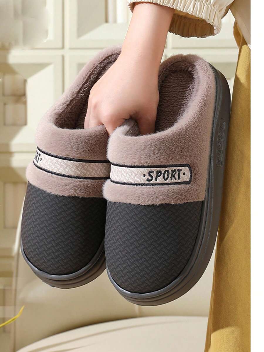 Pantuflas para hombres, pantuflas de pareja acolchadas y cálidas con parches de letras para otoño/invierno, con suela gruesa antideslizante