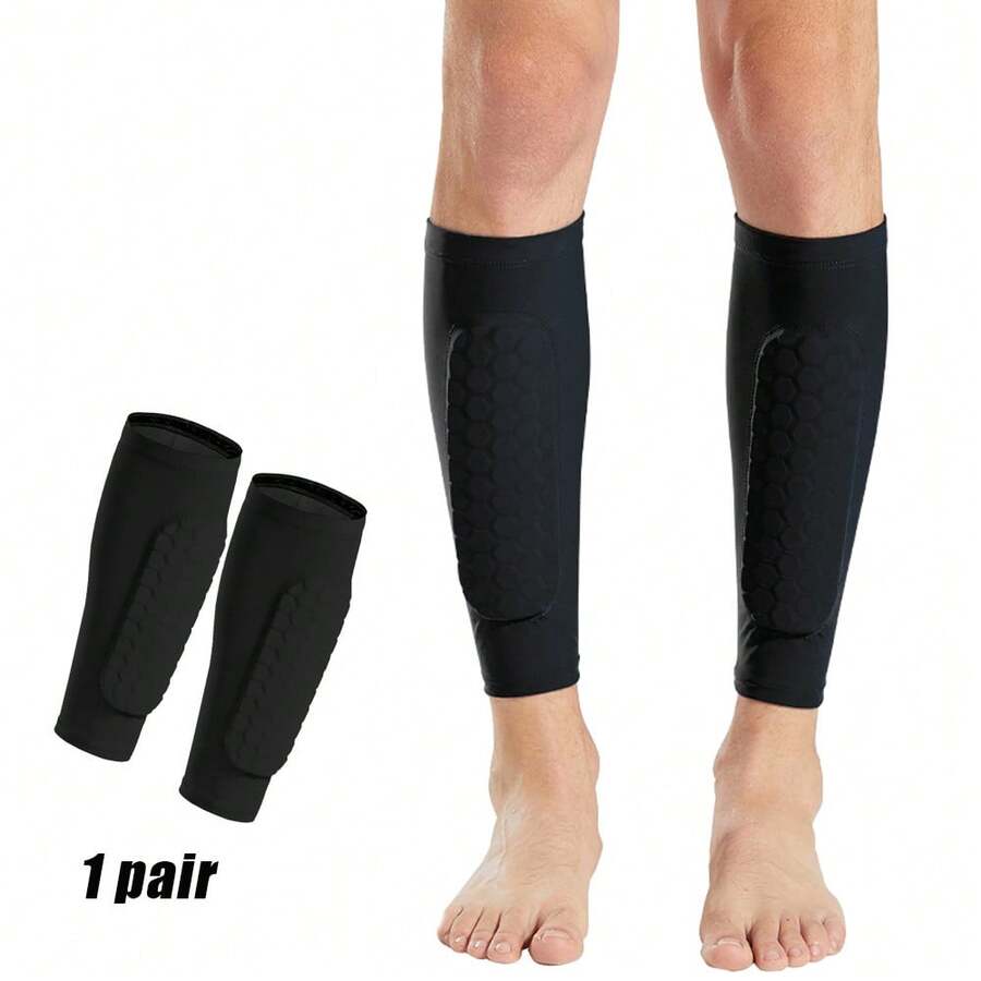 1 双青少年及成人足球护腿板，带蜂窝衬垫的小腿压缩套，腿部支撑护具 - 黑色 - 查看 1
