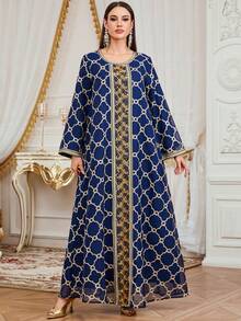 女士穆斯林长袍连衣裙，长袖土耳其时尚刺绣串珠饰边长袍，优雅奢华的阿拉伯长袍 - 藏蓝色 - 查看 7