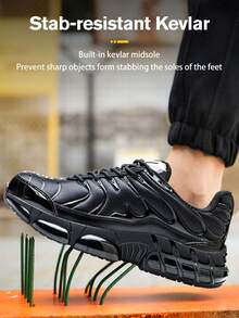 【建议选大一码】钢头安全鞋，男士工作运动鞋，旋转扣设计，方便穿脱，透气防砸，工作安全靴，防刺穿，防砸，EVA减震鞋底，男女通用轻便工作鞋，户外徒步防刺穿防砸鞋 - 黑色 - 查看 3