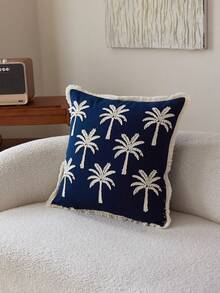 1pc Blue Embroidered Coconut Tree Decorative Throw Pillow Cover, Suitable For Indoor Decor, All Season, Pillow Insert Not Included