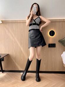 2025 秋冬新款女士黑色过膝长靴，平底，过膝，修身，V 形剪裁，加大码 43 高筒靴 - 黑色 - 查看 4