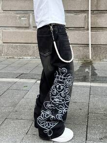 1件美式街头风刺绣男士宽松破洞阔腿牛仔裤（产品不含腰带和配饰） - 黑色 - 查看 3