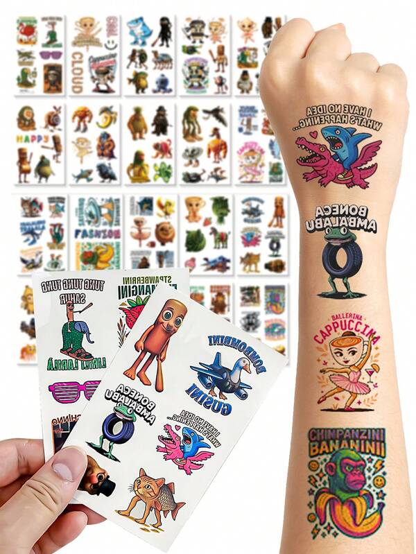 10Pcs/Pack Italian Brainrot Cartoon Kawaii Party Supplies Temporary Tattoo Stickers Tung Tung Tung Sahur Tralalero Tralala Bombardiro Crocodilo Lirili Larila Glorbo Frutto Drillo Waterproof Body Art Sticker Gift Decoration Accessories