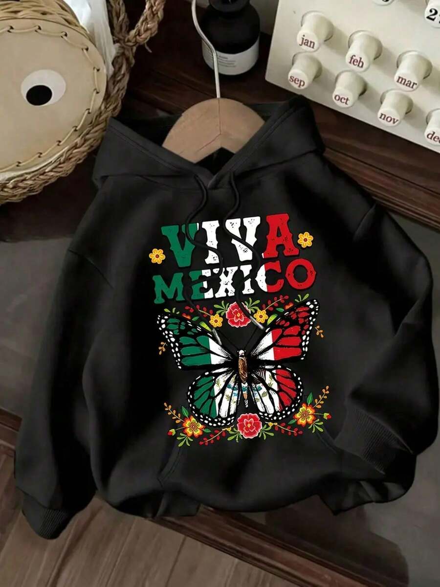 Sudadera casual con estampado mariposa y letras Viva México con capucha manga larga otoño invierno para uso diario calientita - Negro - Ver 1