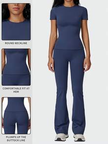 Bộ đồ thể thao 2 mảnh MFVIM dành cho nữ, áo tay ngắn và quần ống loe cạp cao, màu trơn, dáng ôm, bộ đồ thể thao ngoài trời năng động, phù hợp cho mọi mùa. - Màu xanh hải quân - Xem 5