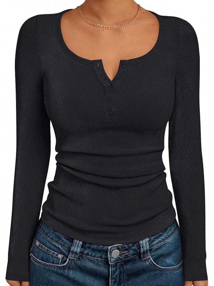 Long Sleeve Shirts For Women Henley Ribbed Fall Tops Dressy Business Casual Teen Girl Winter Cute Basic Tees - 黑色 - 查看 1