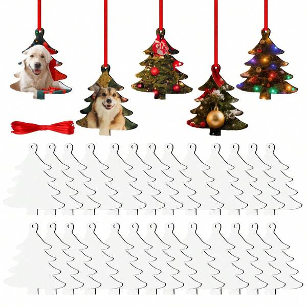 16pcs Creative Christmas Tree Shaped Wooden Hanging Ornaments, Includes Red Strings, Double-Sided Heat Transfer Printing, DIY Holiday Home Party Decor