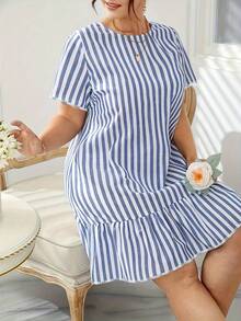 Plus Size Printed Striped Casual Loose Ruffled Hem Short Sleeve Sleep Dress, Summer Lounge Wear, Moo Moo Night Dress - Blue and White - View 3