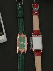 Custom Fashionable Elegant Retro Rhinestone Square Leather Watch