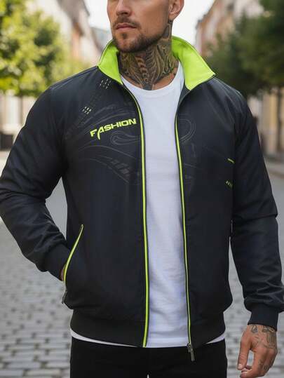 Chaqueta reversible para hombres en negro y verde neón - Estilo deportivo casual, de poliéster, con cremallera y cuello alto, mangas largas, bolsillos, ideal para senderismo y atuendo casual, ropa de senderismo | Chaqueta con cremallera moderna | Detalles de cremallera
