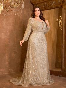 Đầm dạ hội dài tay cổ tim đính đá và sequin UNITHORSE, thích hợp cho các dịp trang trọng, đám cưới, trang phục nữ mùa thu xuân. - Rượu sâm banh - Xem 4