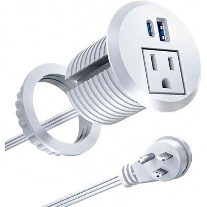 Toma de corriente empotrada de carga rápida USB-C de 20W, toma de corriente empotrada de 2" para sala de conferencias, para escritorio de oficina, instalación empotrada en muebles, cable de alimentación de 6 pies, enchufe plano inclinado de 45°