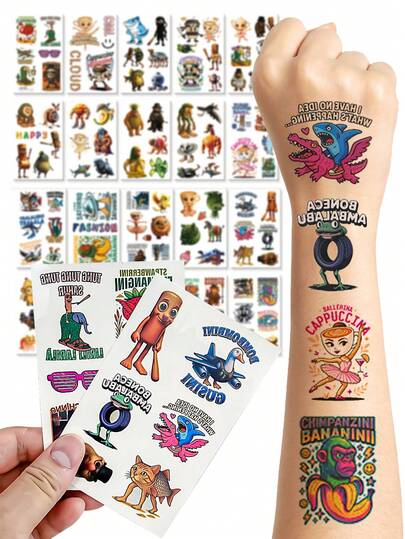 10Pcs/Pack Italian Brainrot Cartoon Kawaii Party Supplies Temporary Tattoo Stickers Tung Tung Tung Sahur Tralalero Tralala Bombardiro Crocodilo Lirili Larila Glorbo Frutto Drillo Waterproof Body Art Sticker Gift Decoration Accessories