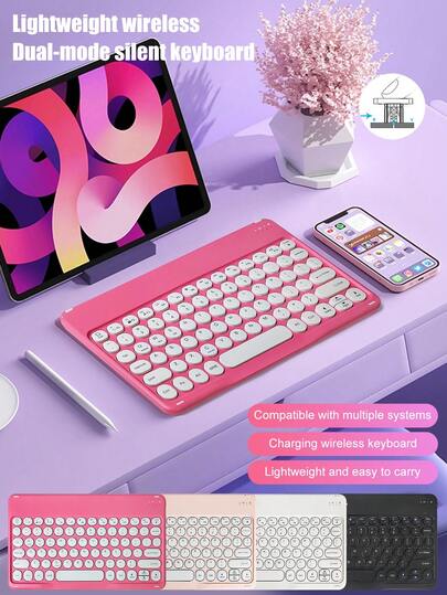 Ultra-Thin Portable Wireless Keyboard, Type-C Rechargeable Keyboard Compatible With 3 Systems, 10-Inch Round Key Wireless Bluetooth Mini Silent Keyboard, Suitable For Laptops, IPads, Tablets, Smartphones