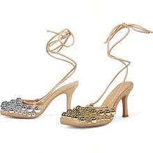 Saint Leia Women's 4IN High Heel Sandals Nude Stiletto Pumps With Gold Silver Pearls Heels For Weddings Parties And Evening WearChristmas - 裸金銀 - 查看 2