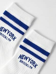 1pair Kids' Double Bar Letter Printed Sports Mid-Calf Length Socks, Suitable For Daily Outfits - Multicolor - View 5