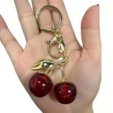 Single Gold Cherry Keychain - Gold Metal Ring, Round Aluminum Alloy Chain, Suitable For Women's Handbags, Fashion Accessories, Cherry Blossom Decoration - 紅櫻桃 - 查看 4