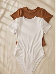 Kit 2 Women's Bodysuit Short Sleeve Elegant Suplex Bodysuit Elegant Casual Look Comfortable Bodysuit Basic And Stylish Fashion Simple Casual Fabric Simple Casual Knitted - 白色+棕色 - 查看 2