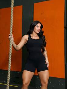 Seamless High Waist Ribbed Sports Gym Yoga Jumpsuit YI-60 - Black - View 2