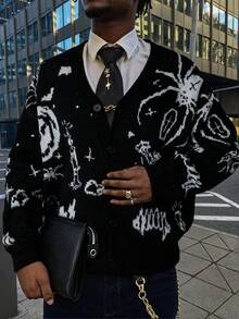 ANDREILEE Men's Casual V-Neck Printed Long Sleeve Sweater, Loose Fit Streetwear Style, Versatile For Spring, Autumn, Winter - Black - View 1