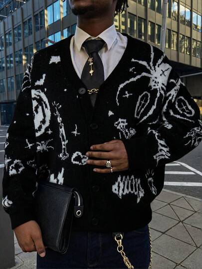 Men's Casual V-Neck Printed Long Sleeve Sweater, Loose Fit American Street Style, Versatile, Suitable For Spring, Autumn, Winter