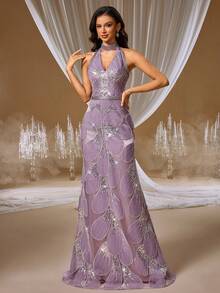 GIFORU 奢华薰衣草紫串珠亮片礼服 - 露背深 V 领和银色腰带，适合红毯活动、歌剧晚会和慈善舞会婚礼舞会礼服新娘婚纱女士礼服 - 淺灰紫 - 查看 7