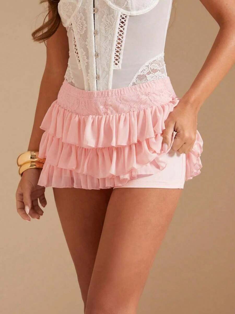 Women's Stylish Solid Color Mini Skirt Elastic Layered Ruffle Hem Short Cake Skirt For Party Streetwear - Hồng - Xem 1