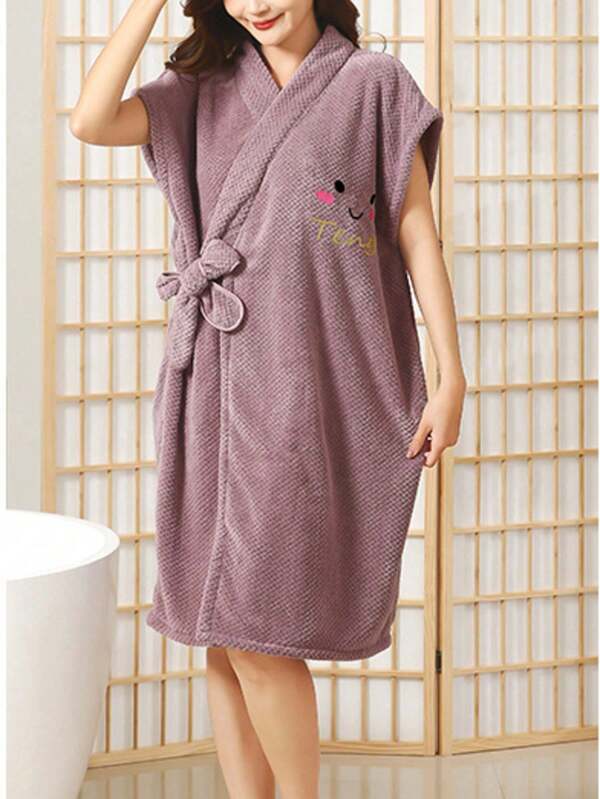 1pc Coral Fleece Pineapple Pattern Embroidered Sleeveless Robe, Cute Wrap Style Bathrobe, Soft & Absorbent Loungewear