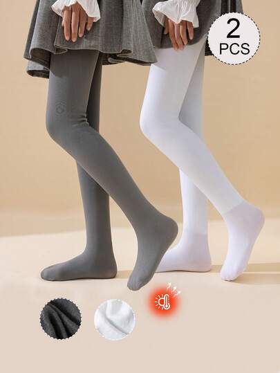 2/1 Pair Girls Kids Children Leggings, Solid Color White/Gray, Stirrup Tights, Leggings, Thermal Lined, Suitable For Daily Wear Tights, Simple Versatile Stirrup Pants, Smooth Soft Skin-Friendly, Academic, Princess, Cute Style, Suitable For Spring, Autumn, Winter