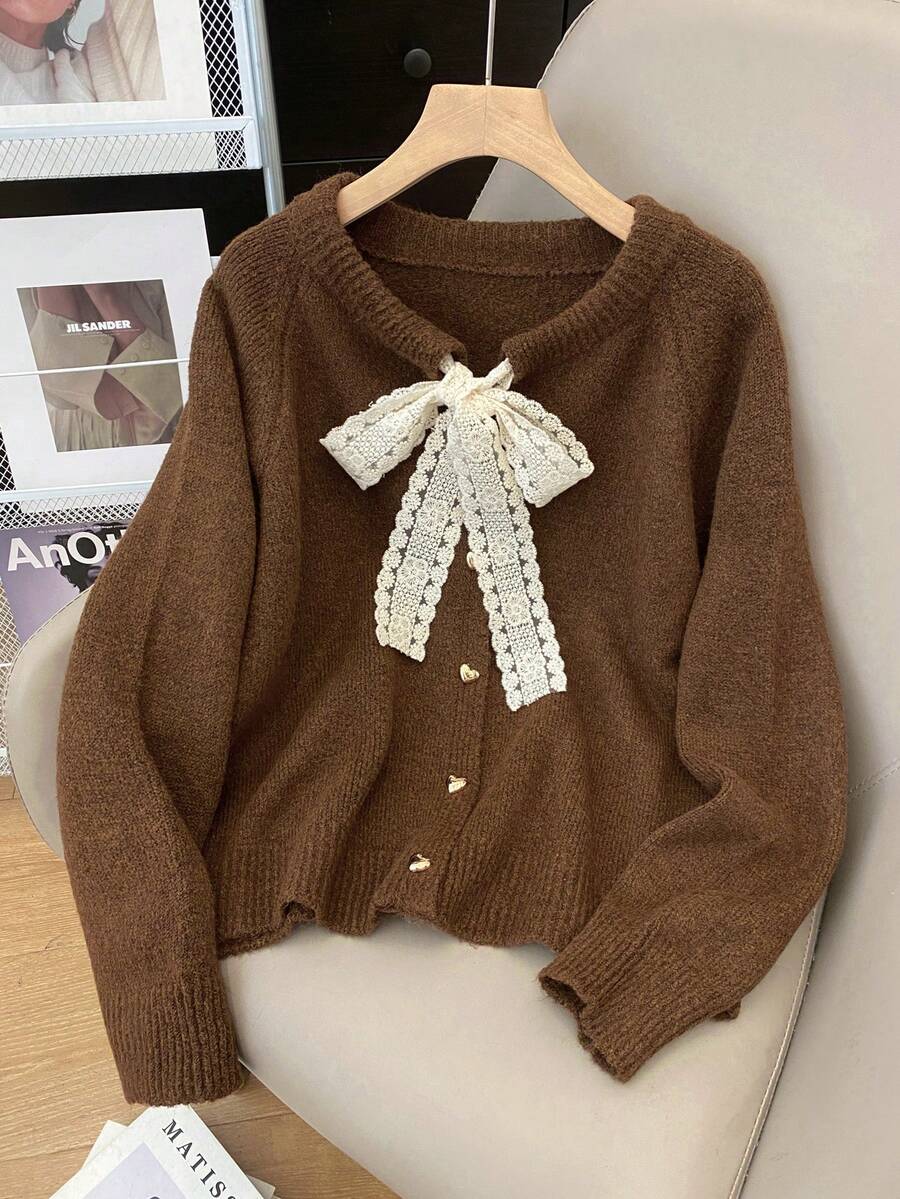 Cárdigan casual de mujer con mangas raglán y cordones, unicolor, para otoño/invierno - Café integral - Ver 1