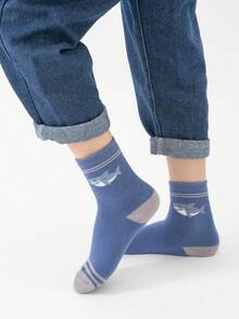 5 Pairs Boys' Crew Socks, Toddler Kids' Mid-Calf Socks, White & Blue, Color Block, Cartoon Letter, Striped, Shark Pattern, Plush Lining, Spring/Autumn & Winter, Thick, Suitable For Daily Wear, Gifts, Cute, Fashionable, Minimalist, Suitable For Daily Outfit, Students, Warm - Multicolor - View 4
