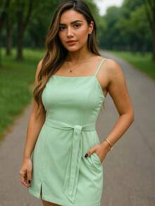 Women's Tailored Dress With Elegant Belt - Short Modern S M L For Party And Evening, Outing - 薄荷綠 - 查看 4