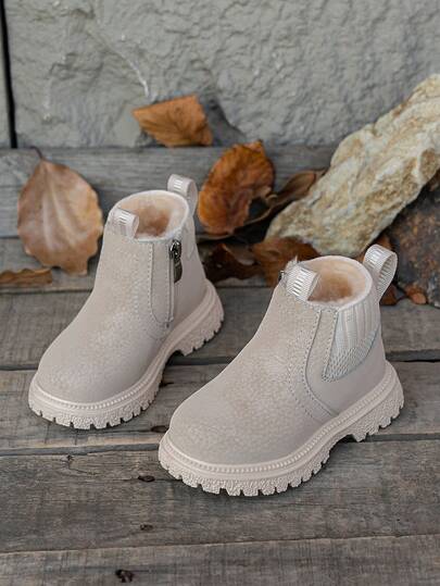 1 par de botas de nieve forradas térmicas para niños y niñas, botines sólidos con textura para otoño/invierno para exteriores