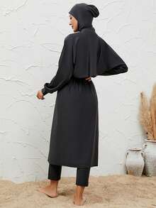 Women's Modest Swimwear Black Round Neck Long Sleeve Burkinis With High Waist Bottom And High Stretch Fabric - Black - View 4