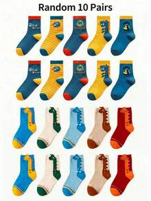 10pairs Kids Cartoon Dinosaur Print Crew Socks, Random Mixed Colors, Suitable For Everyday Wear, Unisex