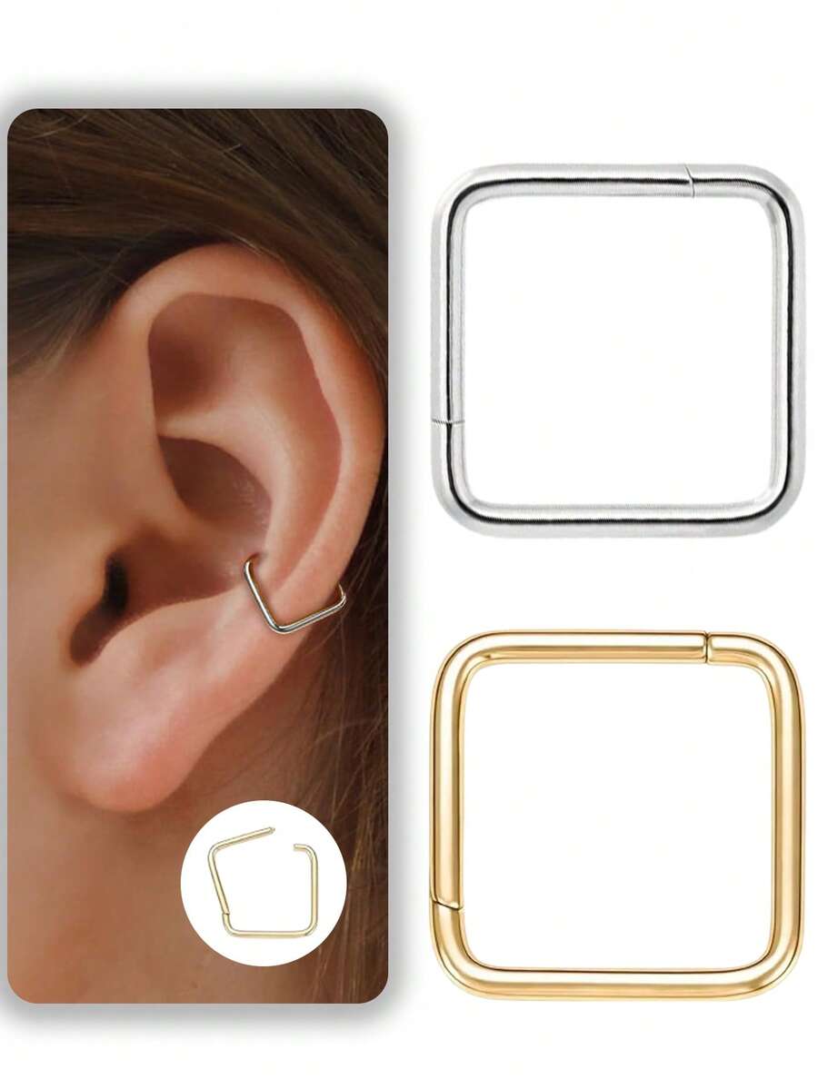 2PCS Stainless Steel Square Earring Jewelry Women Cartilage Nose Ring Hoop Septum Ring 16G For Any Occasion