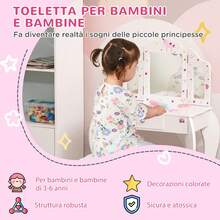 HOMCOM Toeletta per Bambini con Sgabello in Legno, Tavolo Trucco con Triplo Specchio, 63x40x85.5cm - Rosa - Visualizzare 4