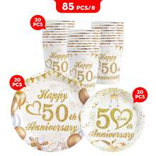 50e Anniversaire Ballons Assiettes et Gobelets en Papier Jetables, Assiettes et Gobelets Fournitures de Fête Convenant pour 30 Invités, Assiettes en Papier Jetables Vaisselle de Fête Convenant pour Anniversaire, Mariage, Fête, Pique-Nique Familial