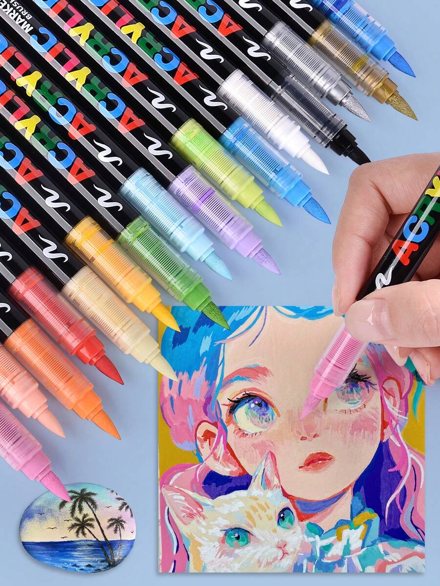GuangNa Bộ 2/3/4/24 bút dạ acrylic đầu thẳng, đầu mềm, màu bền, mực dễ pha trộn. Thích hợp cho vẽ trên vải bố, đá, gỗ, thủy tinh, gốm sứ, vải và các dự án DIY.