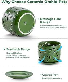 KF-Plant AccessoriesOrchid Pot With Holes, 5+6Inch Ceramic Plant Pots With Drainage Holes And Tray, Promoting Air Circulation And Drainage, Indoor/Outdoor White Flower Potsplant Garden - 綠色-1 - 查看 3