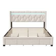 Stauraumbett 160 x 200 cm, Polsterbett mit LED-Kopfteil und USB-Ladefunktion, Doppelbett mit 4 Eisenschubladen Funktionsbett Jugendbett 160x200 mit Lattenrost, Rückenlehne Bettgestell, Ohne Matratze