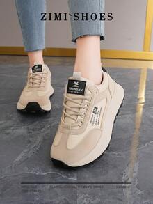 1 par de zapatillas casuales para mujer, con punta redonda, cordones y suela de cuero, adecuadas para todas las estaciones